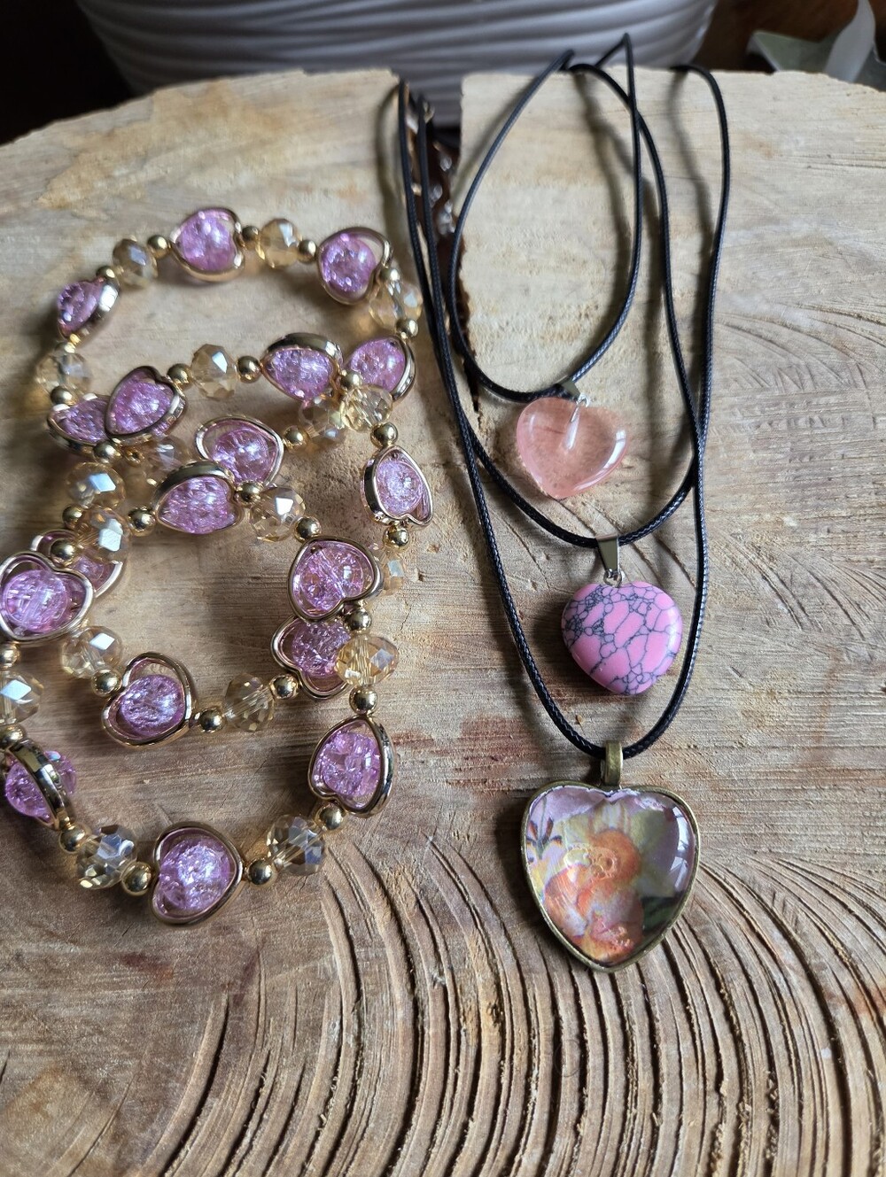 Handcrafted Set Of 6 Heart Pendant Necklace & Stretch Bracelets